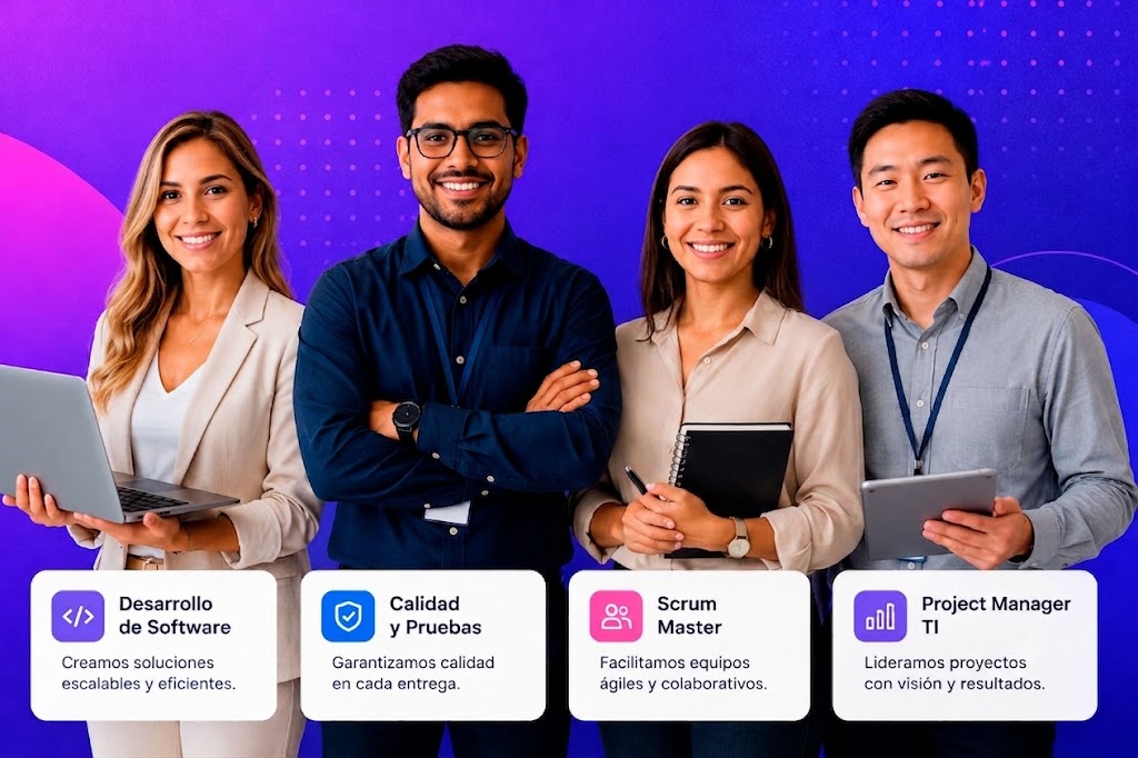 Equipo de profesionales TI colaborando en un proyecto de desarrollo de software